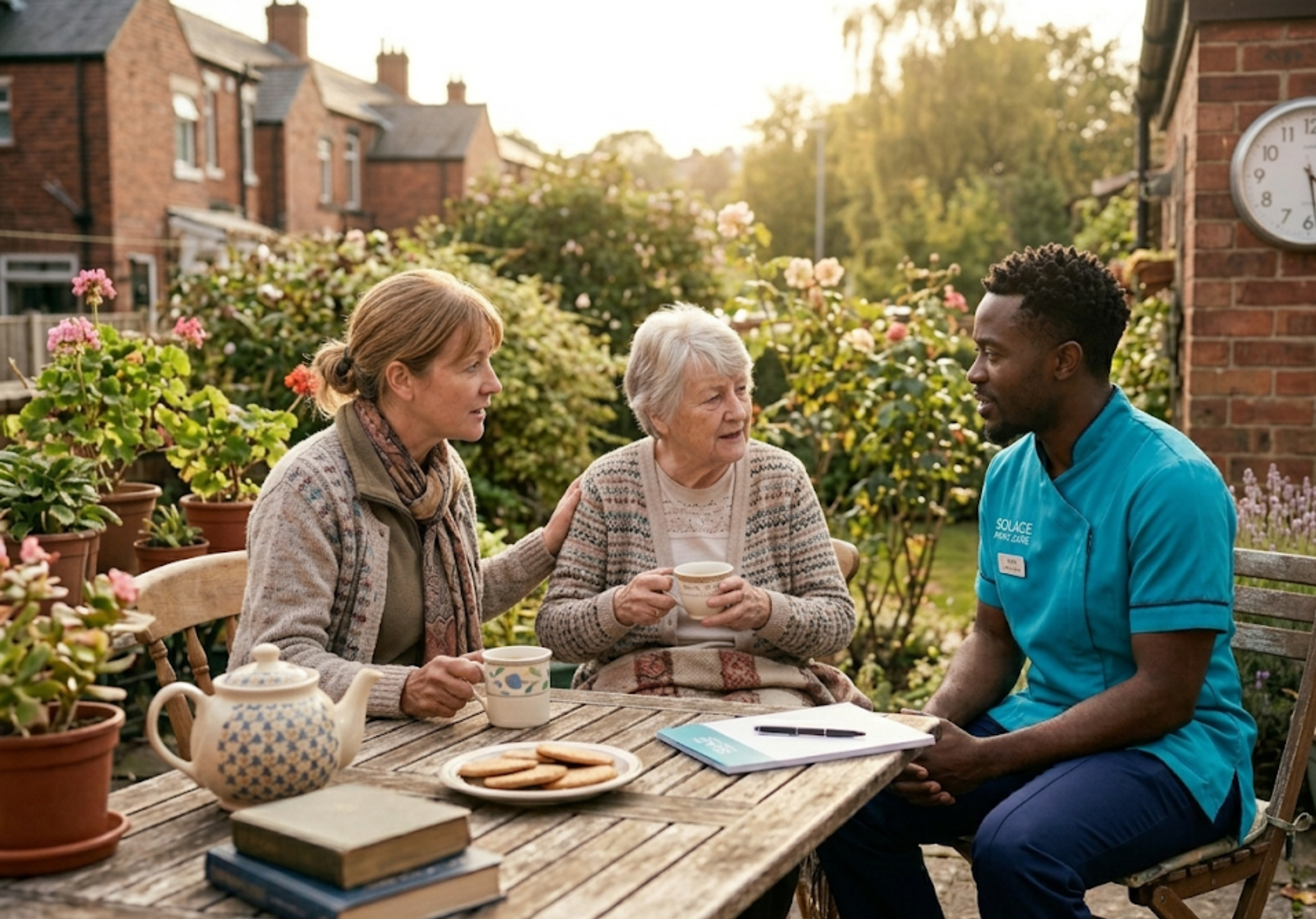 African Solace Prime Care assessor relaxing with an elderly woman and her daughter in a Sheffield garden — a free home care assessment that feels like a friendly conversation